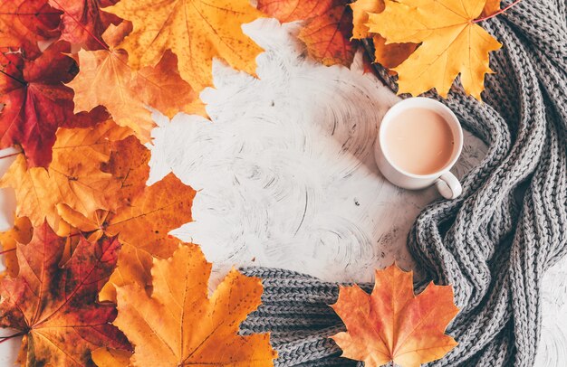 Autumn home cozy composition a cup of coffee with maple leaves.Top view