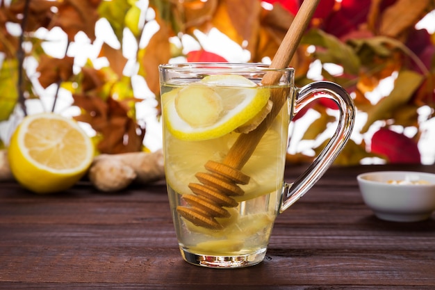 Autumn hot tea warming drink with ginger, honey and lemon in glass