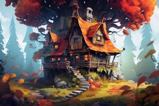 Autumn house in autumn forest in cartoon style