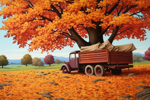 Photo autumn hues surrounding vintage truck in color field