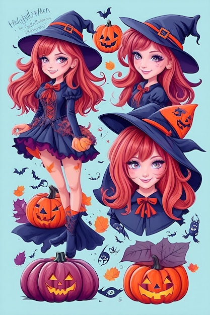 Autumn iconpack of a charming girl as Halloween witch