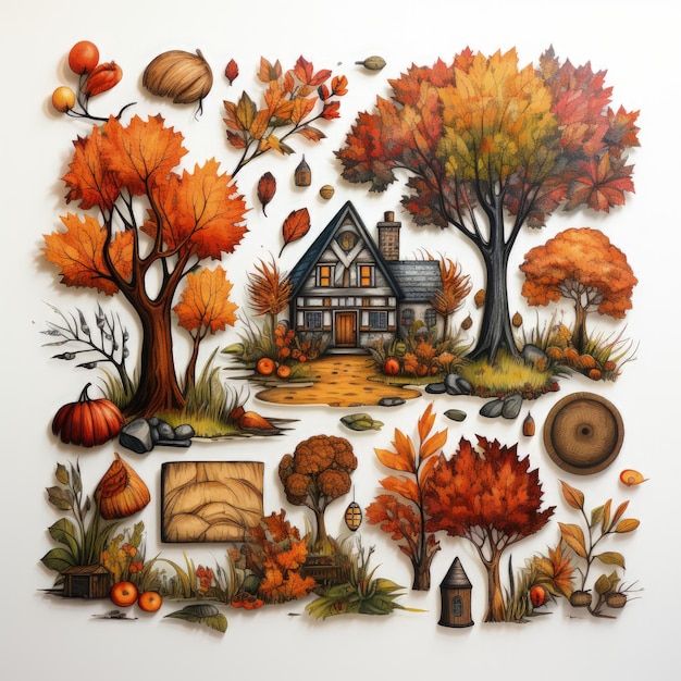 autumn icons set sticker on white background