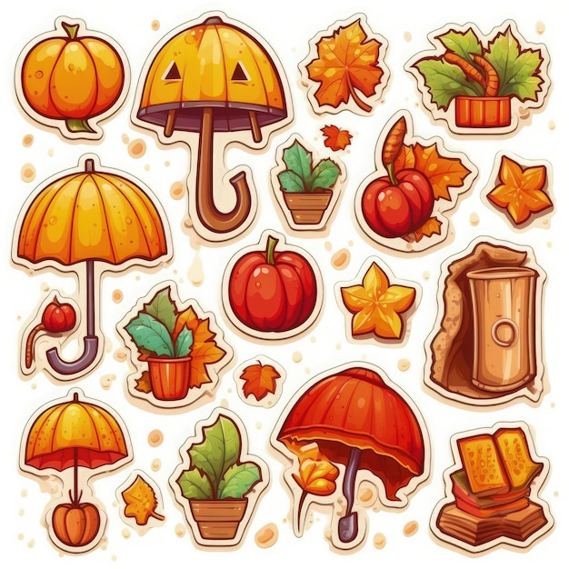 Autumn icons set sticker on white background