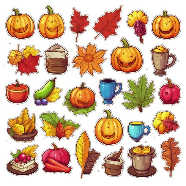 autumn icons set sticker on white background