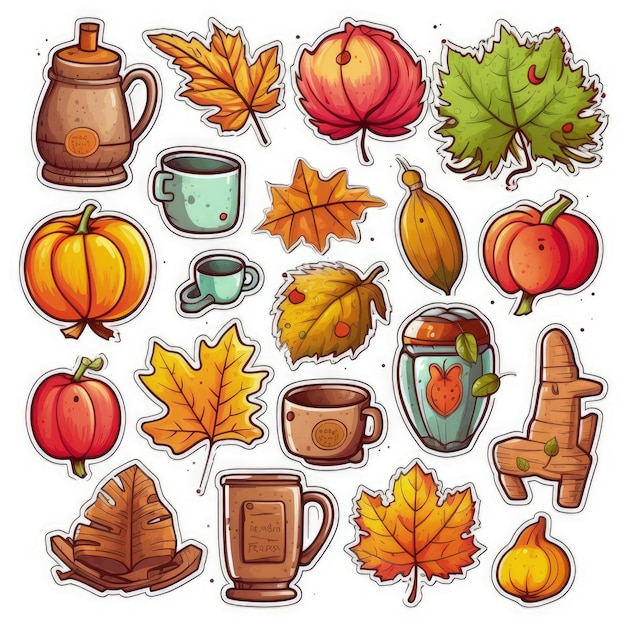 autumn icons set sticker on white background