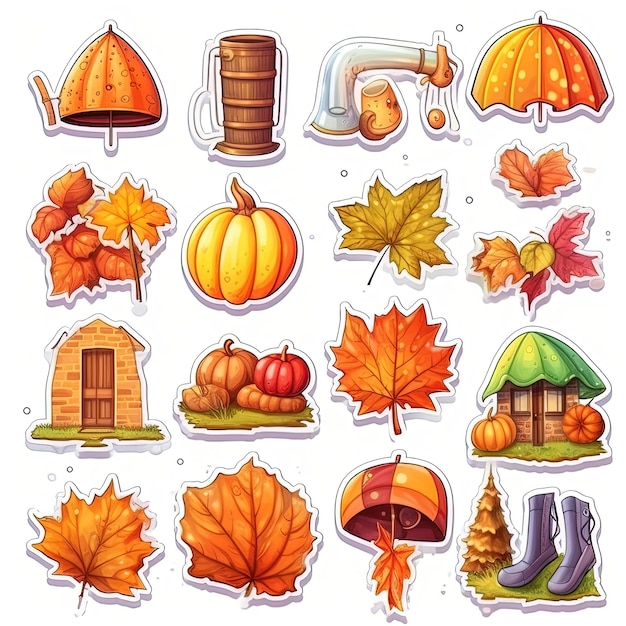 Photo autumn icons set sticker on white background