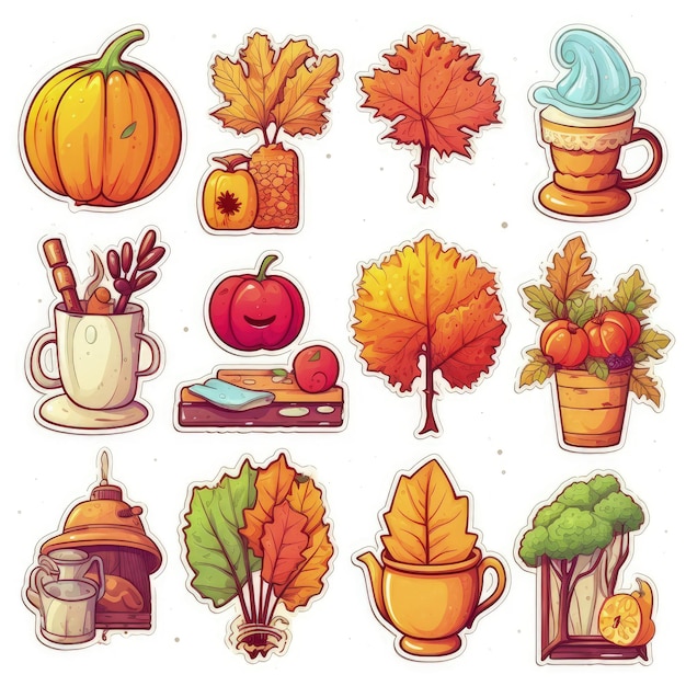 autumn icons set sticker on white background