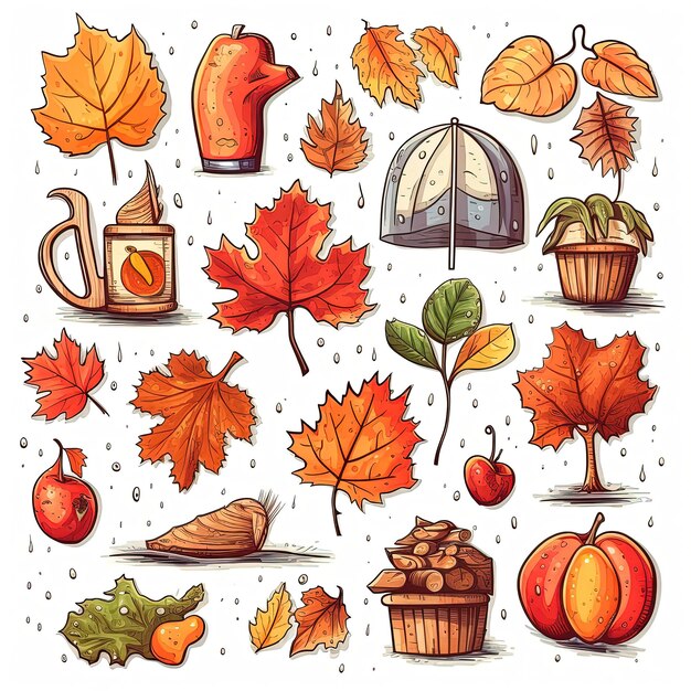 autumn icons set sticker on white background