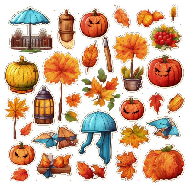 Autumn icons set sticker on white background