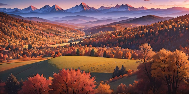 Autumn illustration of fields mountains and sunrise wallpaper