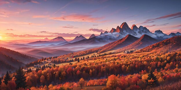 Autumn Illustration of fields mountains and sunrise Wallpaper