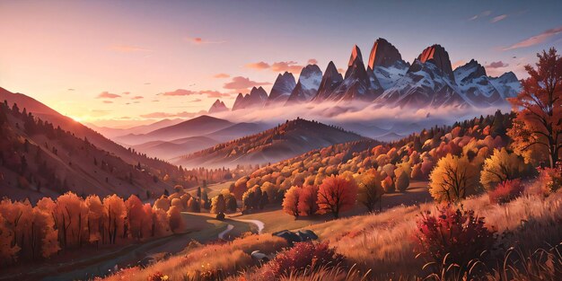 Фото Осенняя иллюстрация полей, гор и восхода солнца, обои