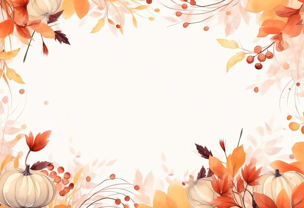 autumn illustration white background with a circle of yellowish leaves and pumpkins