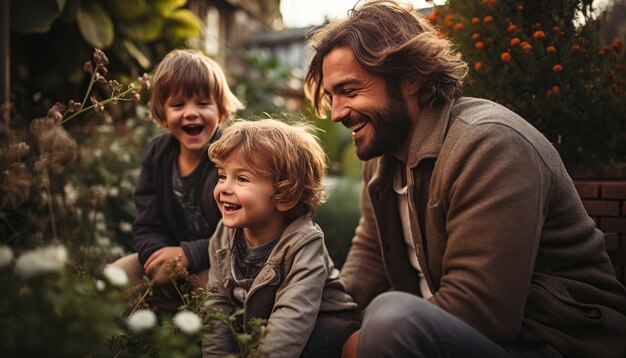 Photo autumn image with happy family in the outdoor garden