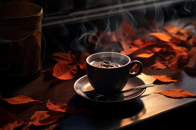 Photo the autumn indulgence a cup of steamy coffee amidst dry leaves