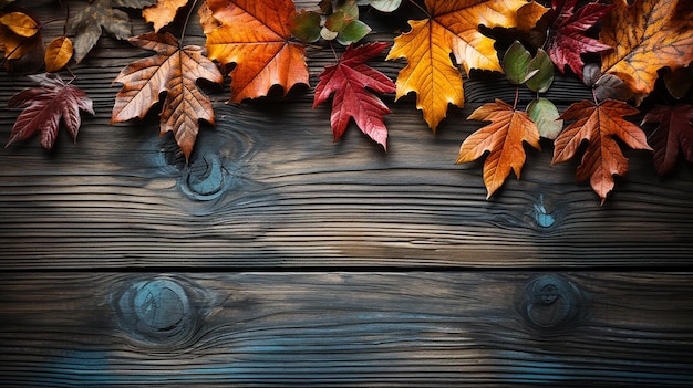 秋の贅沢トップ ビュー カップケーキ コーヒー カップと木製のテーブルの上の葉