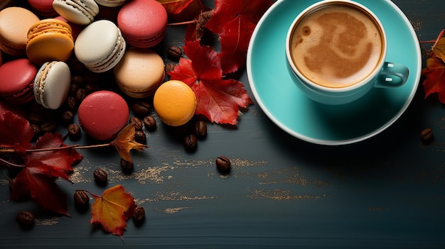 Autumn indulgence top view cupcake coffee cup and leaves on wooden table