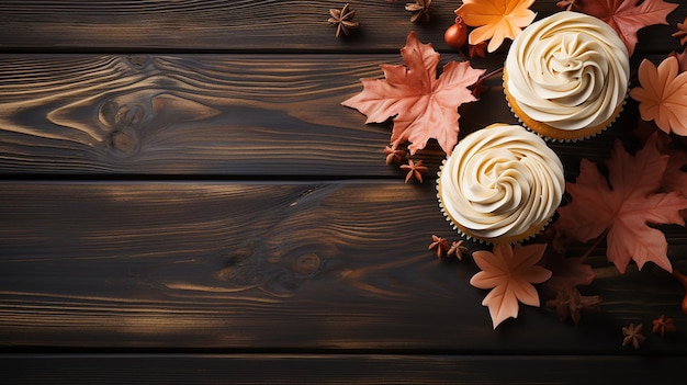 Autumn Indulgence Top View Cupcake Coffee Cup and Leaves on Wooden Table