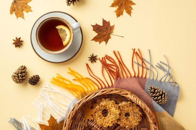 Autumn inspiration concept Top view photo of cup of tea with lemon slice on saucer wicker tray with cookies anise yellow maple leaves pine cones and scarf on isolated pastel beige background