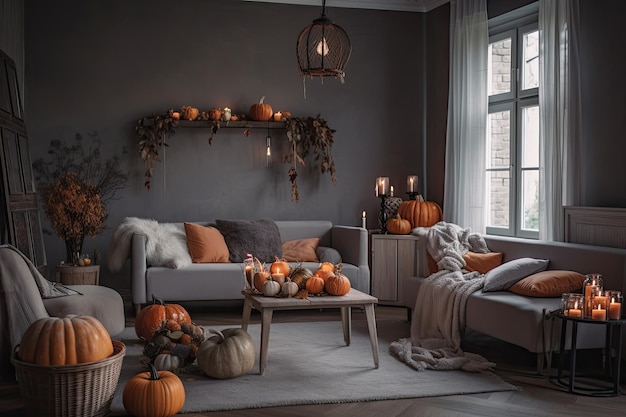 Autumn interior of living room with grey sofa fireplace and pumpkins