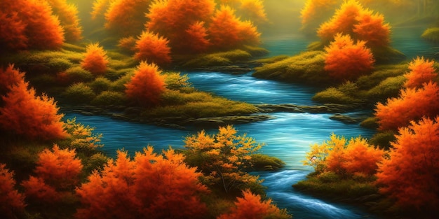 Autumn is in the forest a mountain river flows in the valley between the trees Yellow orange foliage The morning autumn sun illuminates the branches of autumn trees 3d illustration