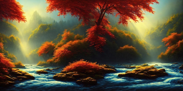 Autumn is in the forest a mountain river flows in the valley between the trees Yellow orange foliage The morning autumn sun illuminates the branches of autumn trees 3d illustration