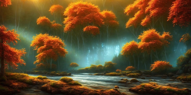 秋は森の中にあり、木々の間の谷には山の川が流れています 黄色のオレンジ色の葉 朝の秋の太陽が秋の木の枝を照らします 3Dイラスト