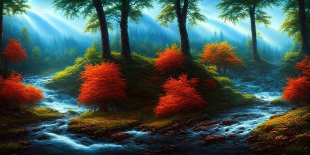 Autumn is in the forest a mountain river flows in the valley between the trees Yellow orange foliage The morning autumn sun illuminates the branches of autumn trees 3d illustration