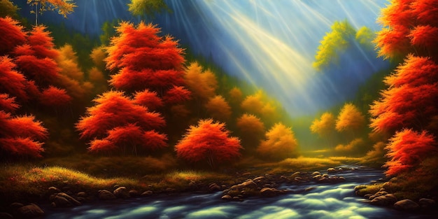 Autumn is in the forest a mountain river flows in the valley between the trees yellow orange foliage the morning autumn sun illuminates the branches of autumn trees 3d illustration