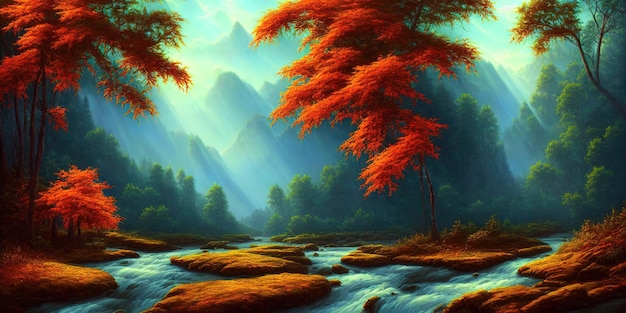 Autumn is in the forest a mountain river flows in the valley\
between the trees yellow orange foliage the morning autumn sun\
illuminates the branches of autumn trees 3d illustration