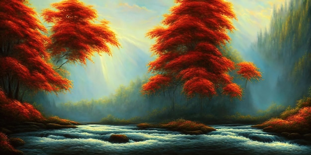 Autumn is in the forest a mountain river flows in the valley
between the trees yellow orange foliage the morning autumn sun
illuminates the branches of autumn trees 3d illustration