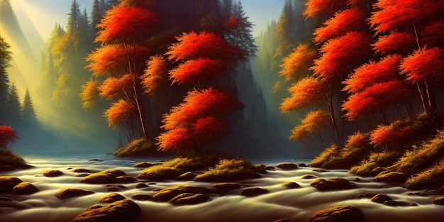 Autumn is in the forest a mountain river flows in the valley between the trees Yellow orange foliage The morning autumn sun illuminates the branches of autumn trees 3d illustration