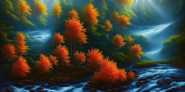 Autumn is in the forest a mountain river flows in the valley
between the trees yellow orange foliage the morning autumn sun
illuminates the branches of autumn trees 3d illustration