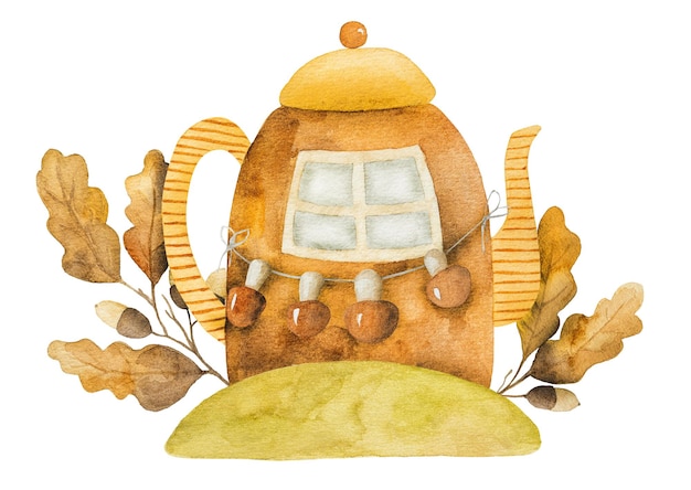 Autumn kettle cartoon house with oak leaves mushrooms and acorns watercolor painting Fall teapot home with foliage decoration