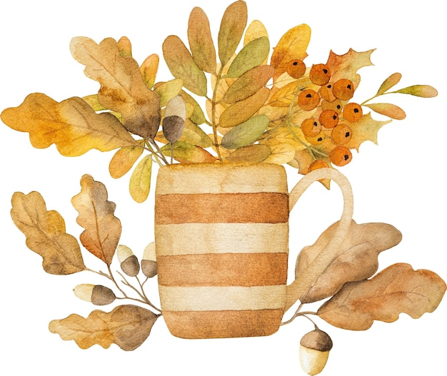 Autumn kettle cartoon house with oak leaves mushrooms and acorns watercolor painting Fall teapot home with foliage decoration