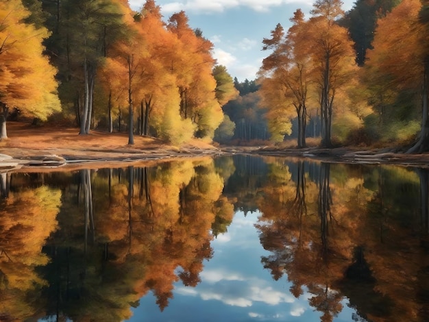 Осенний лесной пейзаж озера, отраженный в воде