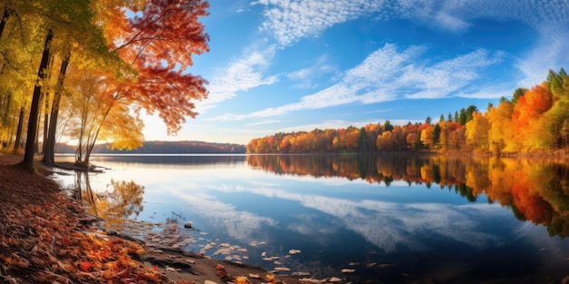 Autumn lake surrounded by deciduous trees with leaves in various shades