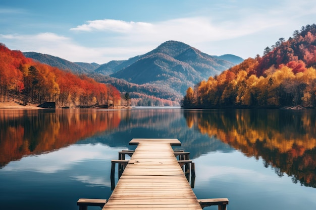 Photo autumn lake view with wooden dock and colorful trees