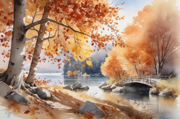 autumn landscape against the background of the river mountains morning in the forest Created using generative AI tools