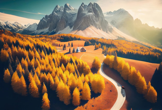 Autumn landscape in the Alps High mountains Dolomites Forest with orange trees Generative AI Art
