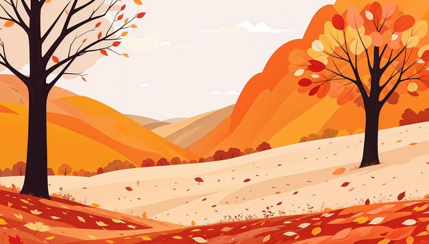 Photo autumn landscape background vector illustration with mountains fields trees and fall leaves