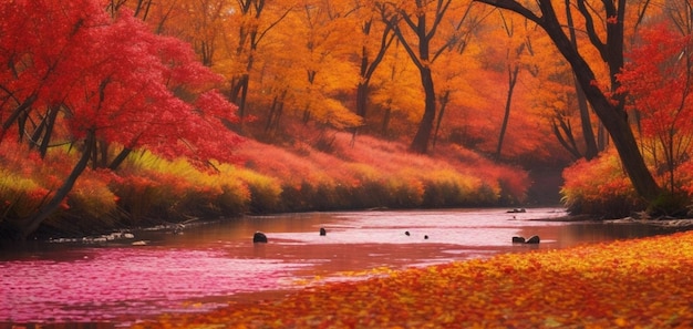 秋の風景美しい着色蘭の花挨拶背景グロ川の上の赤い木