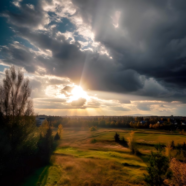 Autumn landscape on a cloudy day with rays of sun peeking through the clouds