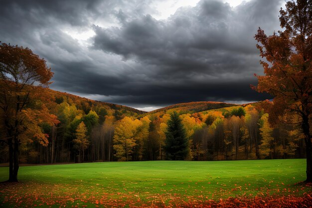 autumn landscape dramatic lighting blue sky and white cloudy professional photo photography