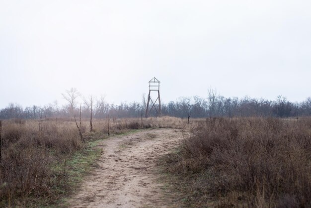 Осенний пейзаж, сухая желтая трава, дорога и старая смотровая башняxA