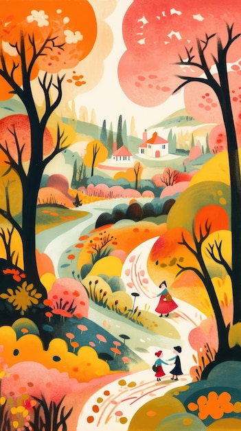 秋の風景おとぎ話のキャラクター漫画イラストファンタジーかわいい描画本アート グラフィック