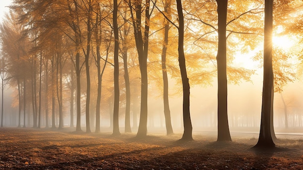 autumn landscape in the forest the suns rays break through the fog morning sunrise in the wild nature