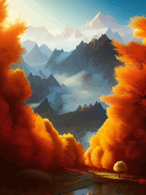 Autumn landscape forest trees with sun in the morning vector cartoon panoramic mid autumn fields mountains leaves