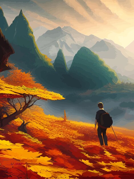 朝の太陽と秋の風景森の木ベクトル漫画パノラマ中秋の野原の山の葉