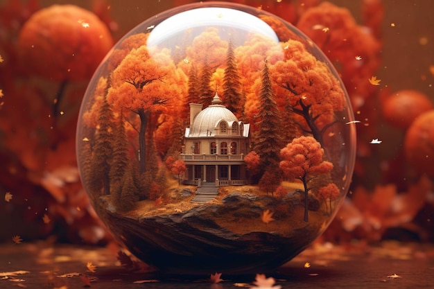 Autumn landscape in a glass ball 3d render illustration